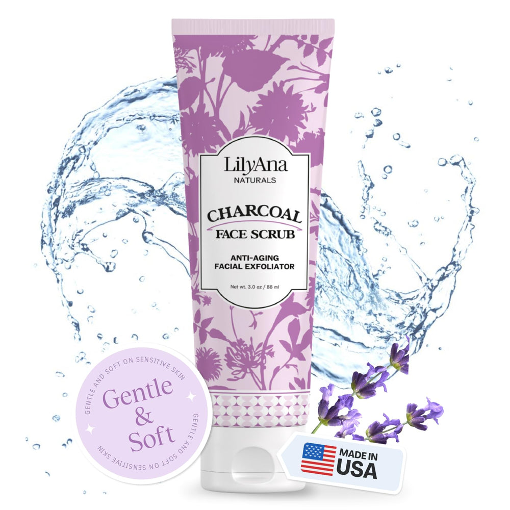 LilyAna Naturals Charcoal Face Scrub jar shows exfoliating texture for radiant, refreshed skin.