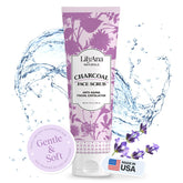 LilyAna Naturals Charcoal Face Scrub jar shows exfoliating texture for radiant, refreshed skin.