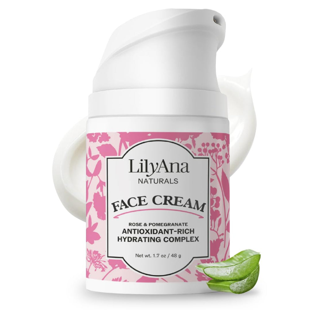 LilyAna Naturals face and neck moisturizer jar closeup shows rich hydration for skin