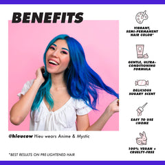 Lime Crime Unicorn Hair Dye Mystic color swatch on hair previews long-lasting electric blue.