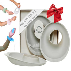 LiquiBands face-washing wristband in Dove Grey catching water drips to keep sleeves dry.