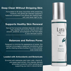 Lira Clinical BIO Enzyme Cleanser bottle highlights daily resurfacing with pineapple and papaya enzymes for refreshed skin.