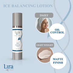 Lira Clinical ICE Balancing Lotion texture swirls on skin for balanced hydration.
