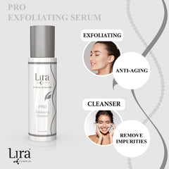 Lira Clinical PRO Exfoliating Cleanser ingredients close-up highlights bearberry and citrus extracts for brightening.