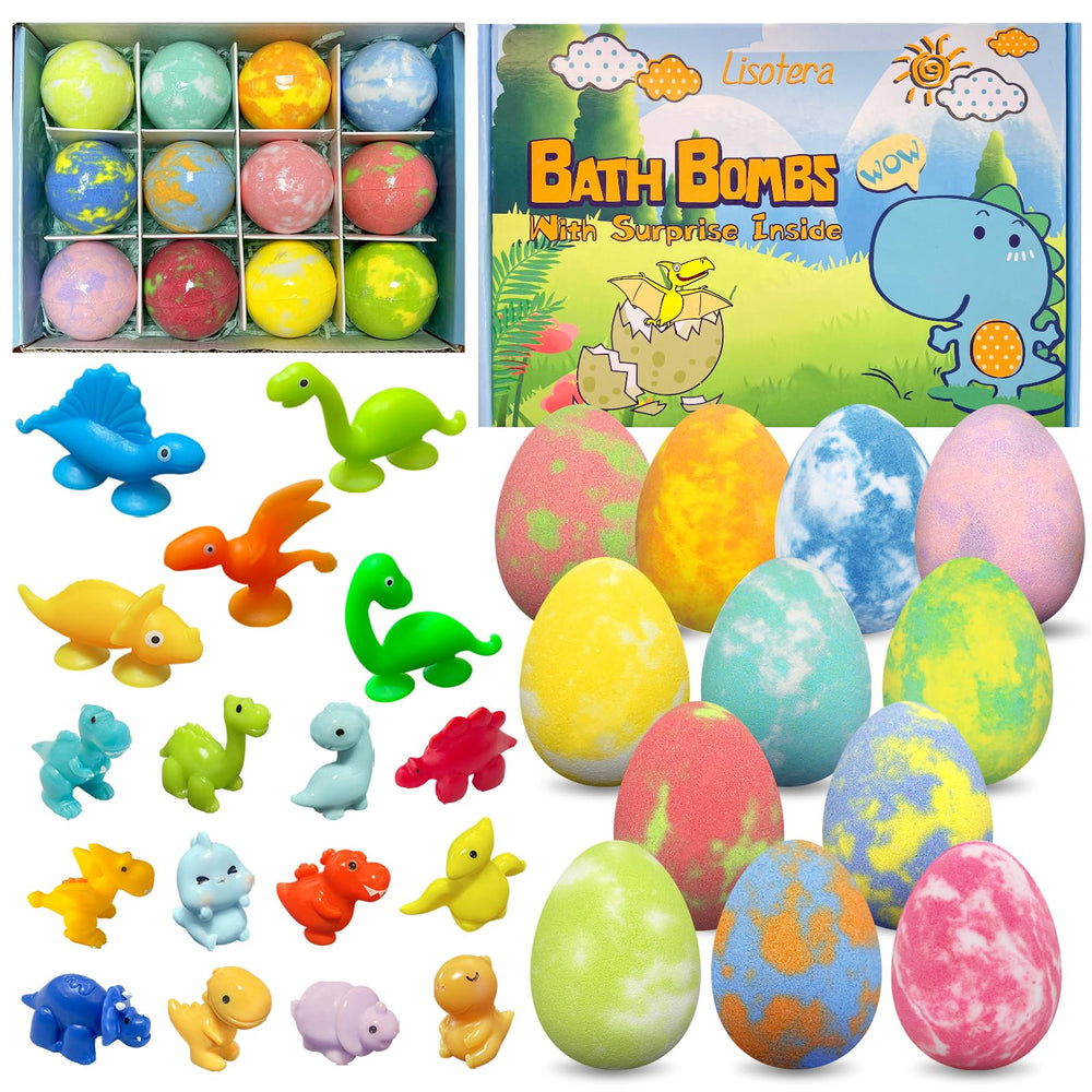 Lisotera dino egg bath bombs 12-pack with colorful fizz and surprises