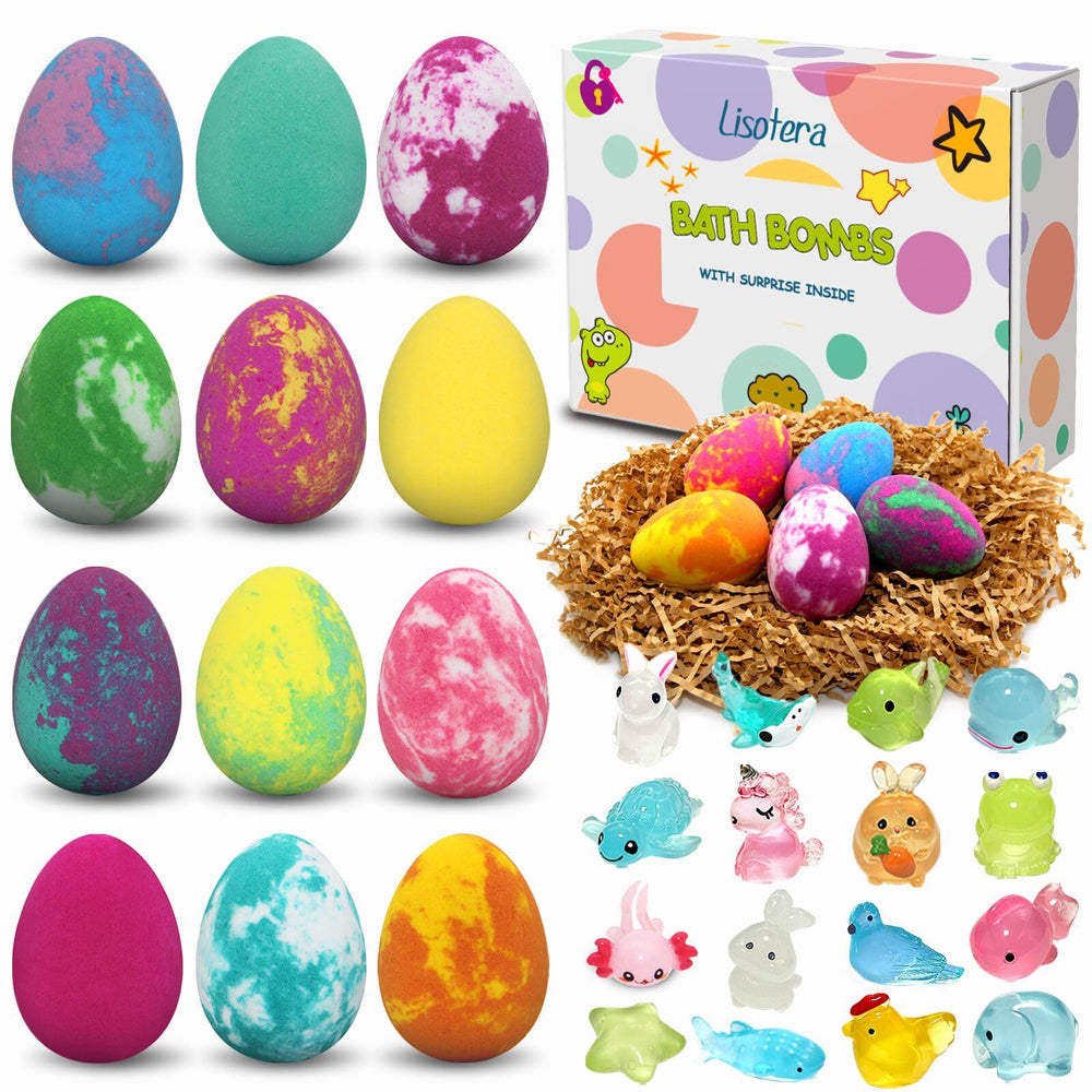 Lisotera dinosaur-egg bath bombs 12-pack with surprise toys for kids' bath time fun.