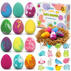 Lisotera dinosaur-egg bath bombs 12-pack with surprise toys for kids' bath time fun.