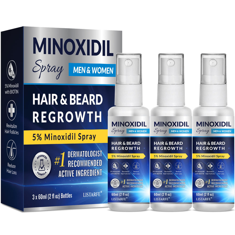 Listarfe 5% Minoxidil spray bottle for easy daily hair and beard growth.