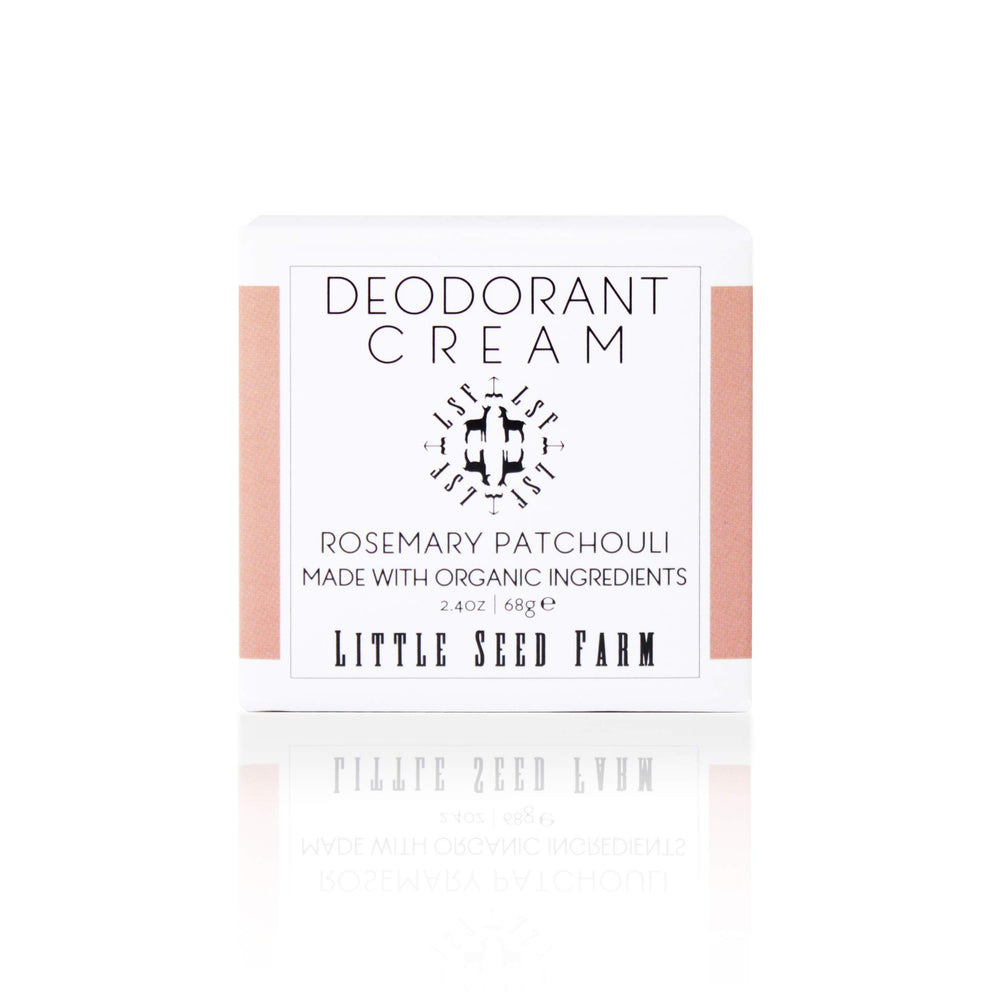 Little Seed Farm rosemary-patchouli deodorant cream jar shows aluminum-free formula for freshness.