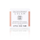 Little Seed Farm rosemary-patchouli deodorant cream jar shows aluminum-free formula for freshness.