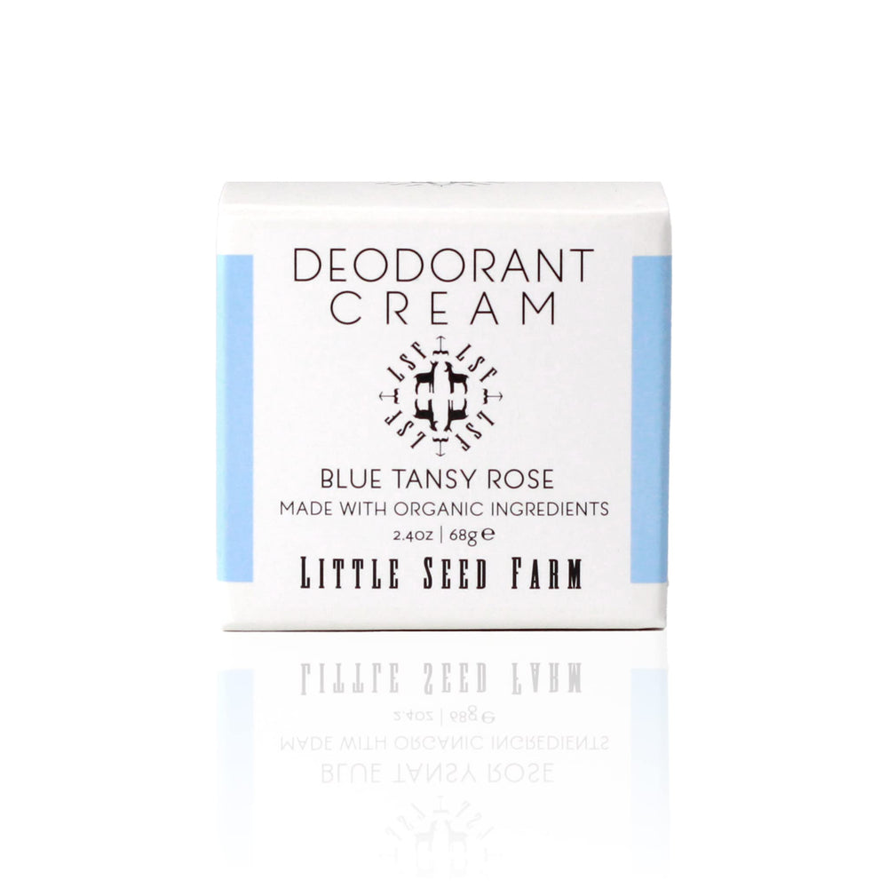 Little Seed Farm blue tansy rose deodorant jar showing creamy natural formula.