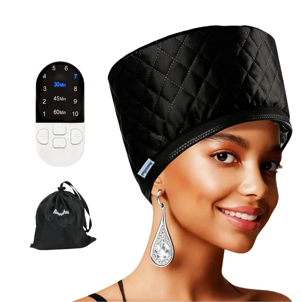 liuweihui hair steamer cap worn on head for even heat and deeper conditioning.