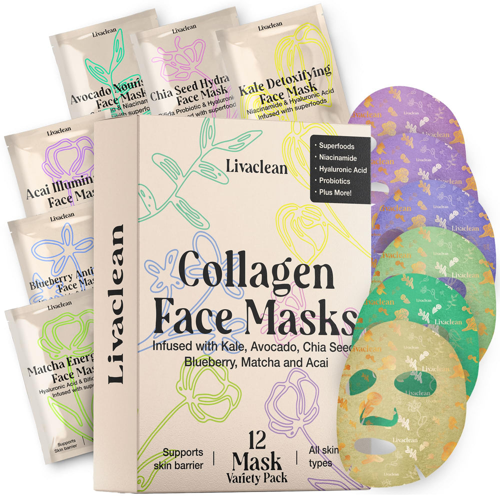 LivaClean collagen sheet mask pack shot highlights bulk hydration for all skin types.