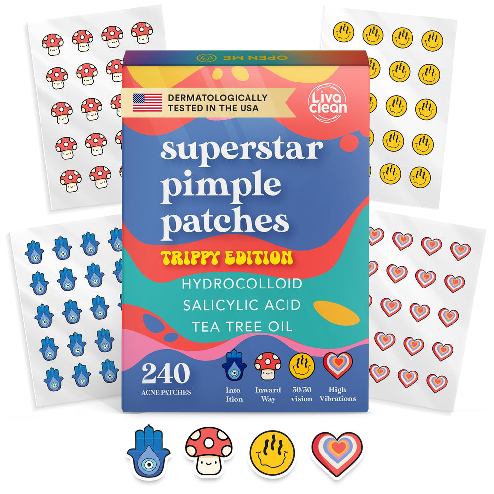 LivaClean Superstar Trippy patches packaging shows 240-count kit for overnight blemish care