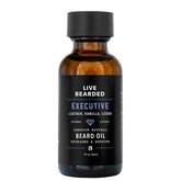 Live Bearded beard oil 1oz bottle highlights all-natural jojoba formula for soft, hydrated beard