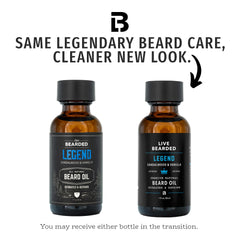 Live Bearded Beard Oil Legend Scent label closeup highlights natural jojoba benefits for skin.