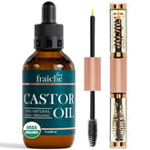 Live Fraiche castor oil bottle closeup showing pure, cold-pressed oil for lashes and brows.