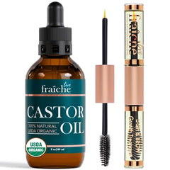 Live Fraiche castor oil bottle closeup showing pure, cold-pressed oil for lashes and brows.