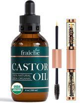Live Fraiche castor oil bottle shows pure hexane-free formula for hair and skin care.