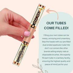 Live Fraiche eyelash growth bottle display highlights dual-use serum for lashes and brows.