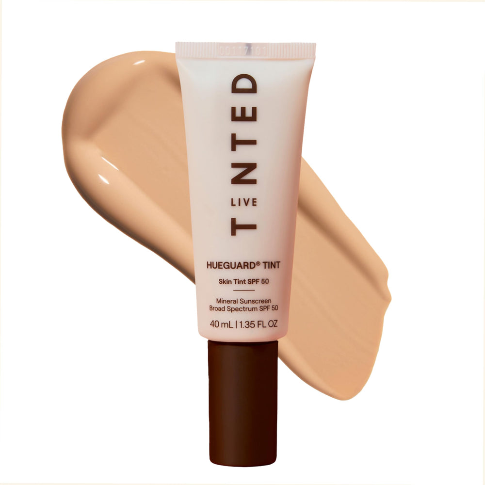 Live Tinted Hueguard bottle close-up showing mineral SPF 50 protection and radiant finish