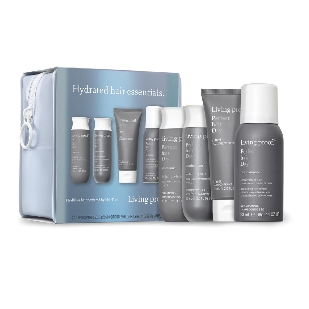 Living Proof Hydrated Hair Essentials Kit product shot highlights a silicone-free set delivering 72-hour hydration.