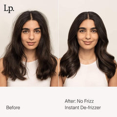 Living Proof No Frizz Instant De-Frizzer application close-up highlighting smoothness and shine.