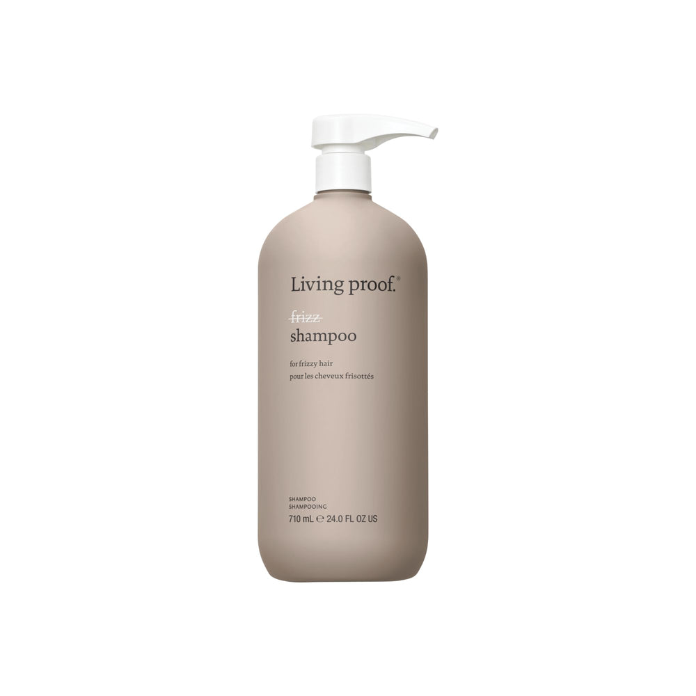 Living Proof No Frizz Shampoo bottle front view demonstrates frizz control and shine.