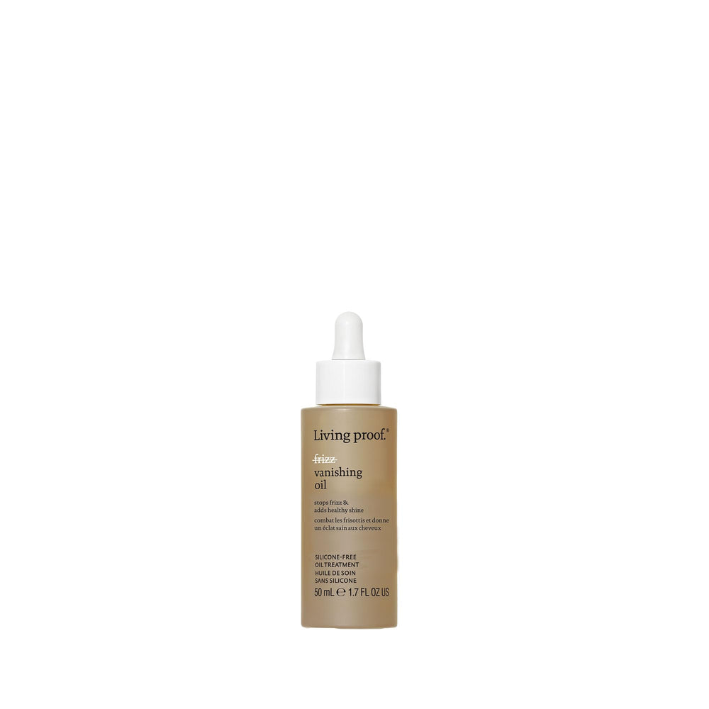 Living Proof No Frizz Vanishing Oil bottle provides lightweight frizz control and shine.