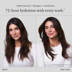 Pouring shot of Living Proof Perfect Hair Day Shampoo for daily cleansing.