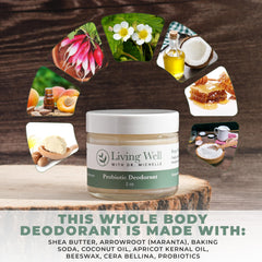 Living Well with Dr. Michelle probiotic deodorant cream all-body-use image emphasizes versatile odor protection