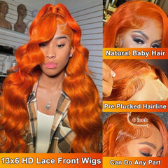 LKJY Ginger Orange Wig side view showing voluminous body wave for versatile styling.