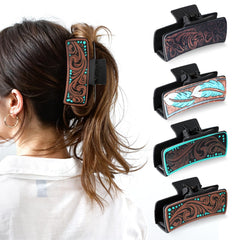 LLOUSSAK western hair clip large cowhide pattern closeup, durable grip for all hair types