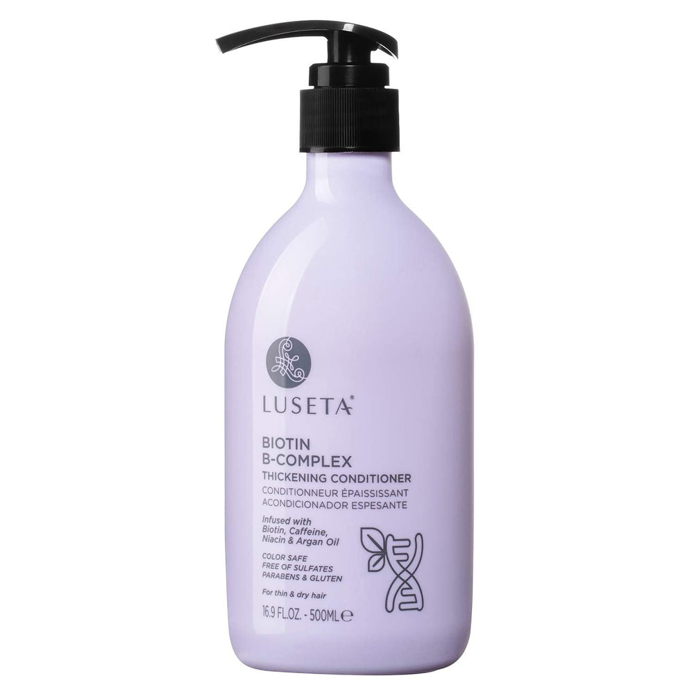 L Luseta Biotin B-Complex Thickening Conditioner pump bottle highlights easy daily nourishment.