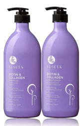L LUSETA biotin & collagen shampoo bottle demonstrates volumizing formula for fuller hair