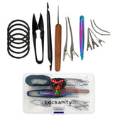 Locsanity dreadlock retightening tool kit close-up showing precision tips for even parts.