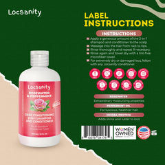 Locsanity Rosewater Peppermint bottle front label highlights 2-in-1 detangler and cleanser