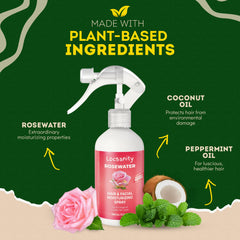 Locsanity rosewater spray closeup bottle shows pure, antioxidant-rich hydrator.