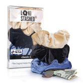 LOKISTASHED navy velvet scrunchie with hidden zipper pocket for secure small items