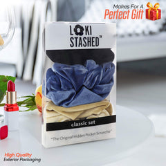 LOKISTASHED tan velvet scrunchie shows off premium texture and discreet storage