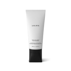 LolaVie Exfoliate & Detox Scalp Shampoo bottle pours detoxifying charcoal for a refreshed scalp.