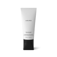 LolaVie Exfoliate Detox scalp shampoo bottle showing clarifying cleanse for all hair types.