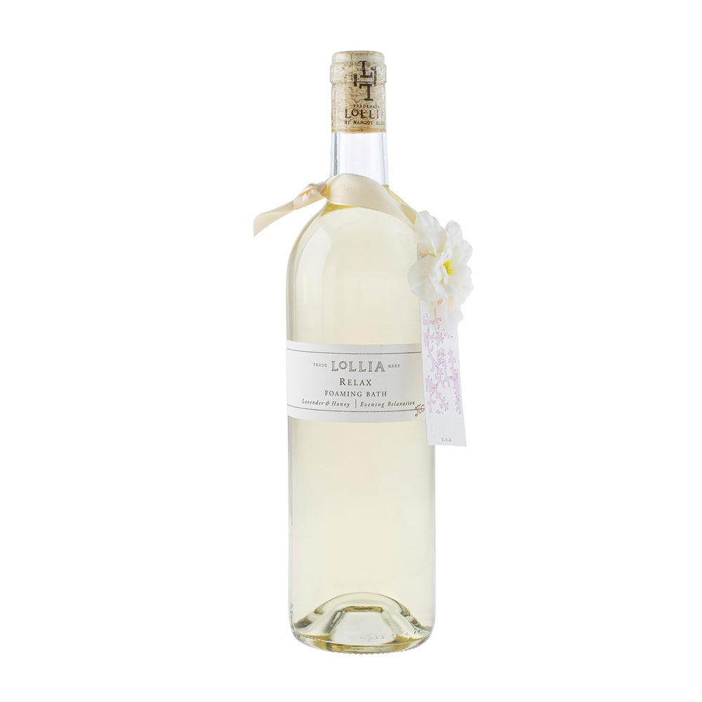 Lollia Relax bubble bath bottle on display for home spa rituals