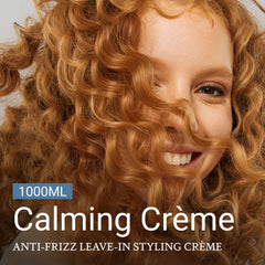 Applying Loma Calming Crème on hair ends shows detangling and frizz-control during styling.