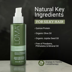 LOMA Nourishing Oil Treatment bottle demonstrates instant shine and smooth hair.