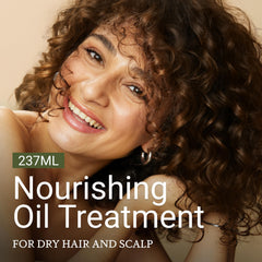 LOMA Nourishing Oil Treatment pump shows easy, even application during styling.