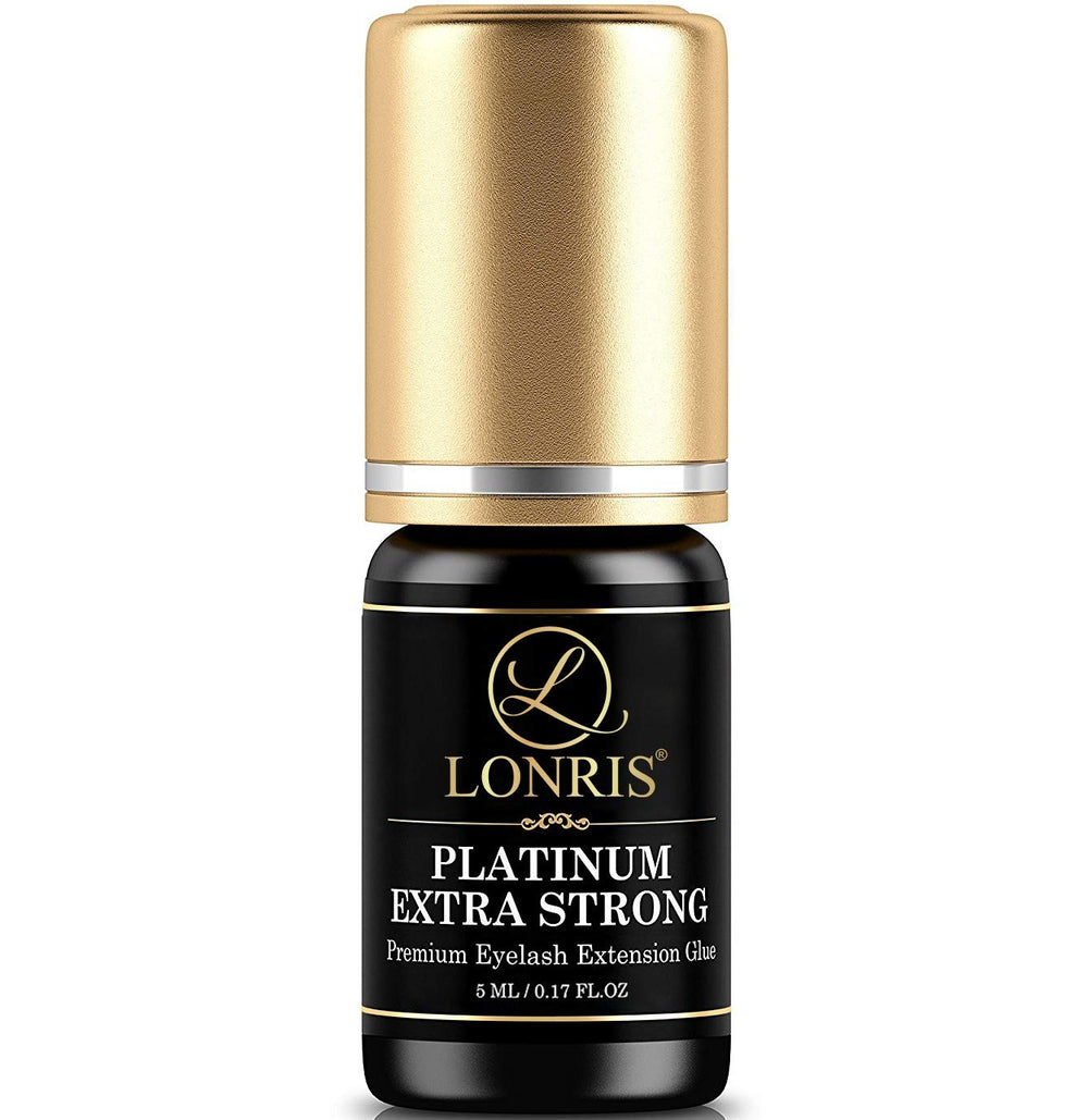 LONRIS Platinum Extra Strong glue bottle shows premium hold for professional lashes