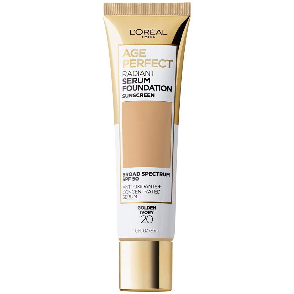 L'Oreal Paris Age Perfect Radiant Serum Foundation bottle close-up for easy, even application.