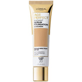 L'Oreal Paris Age Perfect Radiant Serum Foundation bottle close-up for easy, even application.