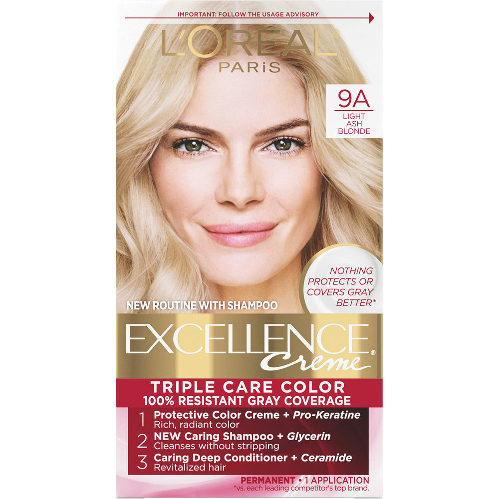 L’Oréal Paris Excellence Creme 9A shade swatch shows light ash blonde for gray blending.